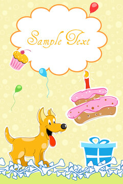 illustration of birthday card with puppy,cake and gift