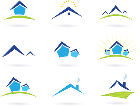 Collection of green and blue real estate icons. Vector format.
