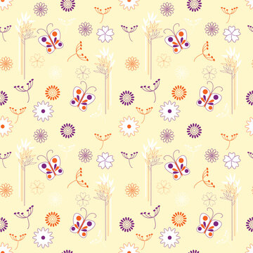 vector seamless floral  background with butterflies in eastern style