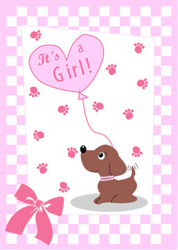 newborn baby girl card wirh a happy puppy