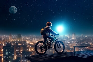 Naklejka premium child boy cyclist on bicycle on roof of skyscraper at night. Generative AI illustration