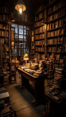  an antique bookstore filled with rows of well-loved books, rustic wooden shelves, and the soft glow of a reading lamp, at dusk, a cozy, 4k, generative AI