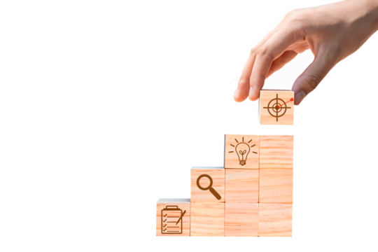 Place wooden blocks as a step towards the goal. Isolated on white background. Business ideas for successful growth process. PNG