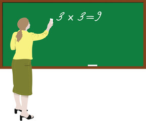 Woman teacher in classroom. Back to school. Vector illustration