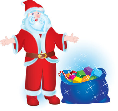 Illustration for Christmas and New Year. Santa Claus. Bag with gifts. Vector
