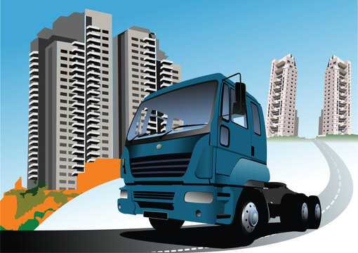 Dormitory and blue truck. Vector illustration