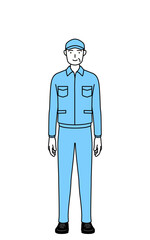 正面を向いた笑顔の帽子と作業着姿のシニア男性（経営者、管理職、上司）