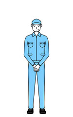 手を組んでお辞儀する帽子と作業着姿のシニア男性（経営者、管理職、上司）