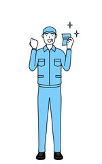 預金通帳を見て喜ぶ帽子と作業着姿のシニア男性（経営者、管理職、上司）