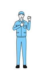 クレジット決済を勧める帽子と作業着姿のシニア男性（経営者、管理職、上司）