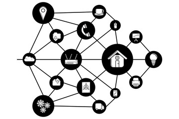 Digital png illustration of black network of connections with icons on transparent background