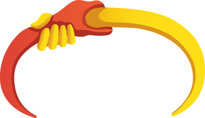 Digital png illustration of red and yellow hands forming circle on transparent background