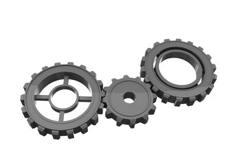 Digital png illustration of three grey cogs on transparent background