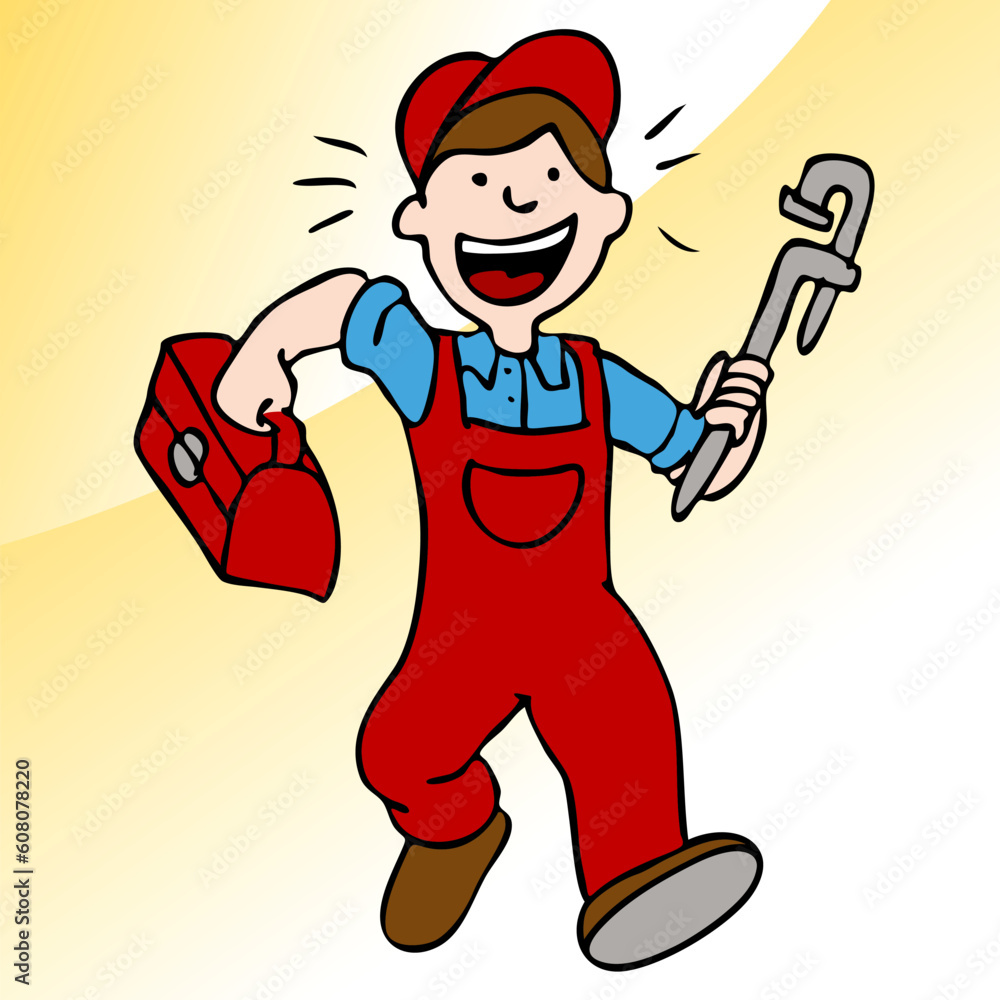 Poster an image of a plumber running with a wrench and toolbox.