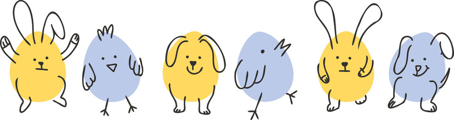 Digital png illustration of yellow and blue easter bunnies and chickens on transparent background