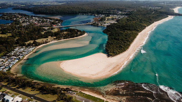 Aerial view of the stunning Burrill Lake located in Ulladulla, NSW, Australia. 