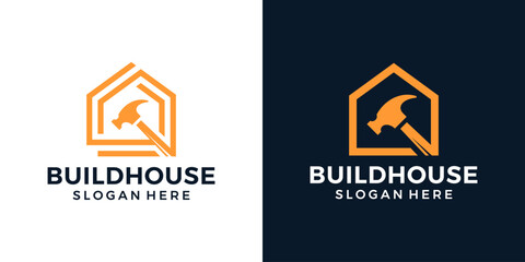 House Repairs logo design template. Hammer logo with home building graphic design vector illustration. House renovation symbol, icon, creative.