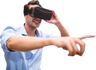 Digital png photo of smiling caucasian businessman using vr headset on transparent background