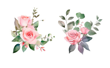 watercolor bouquet with roses and eucalyptus, ai generated