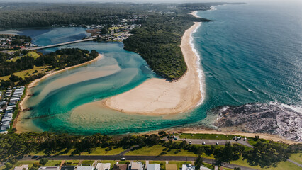 Aerial view of the stunning Burrill Lake located in Ulladulla, NSW, Australia. 