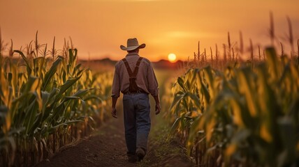 Fototapeta premium Farmer strolling among cornfields at dusk. GENERATE AI