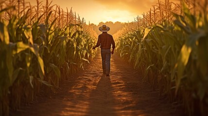Farmer strolling among cornfields at dusk. GENERATE AI