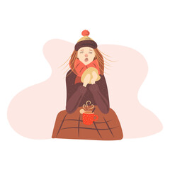 A young woman has the flu, sits in warm clothes with a mug of hot drink and sneezes. Vector illustration.