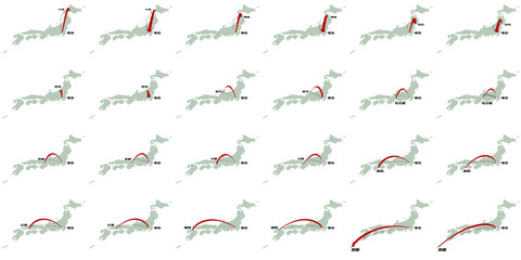 Fototapeta na wymiar 東京と地方12都市を結ぶ立体的な矢印の日本地図　ベクターイラストレーション