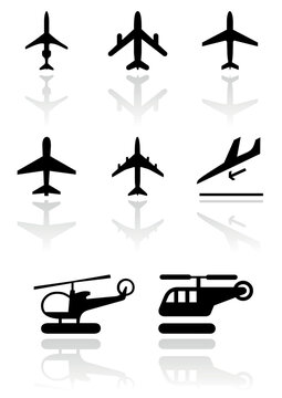 Vector set of different airplane and helicopter symbols. All vector objects are isolated. Colors and transparent background color are easy to adjust.