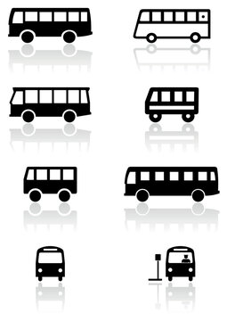 Vector set of different bus or van symbols. All vector objects are isolated. Colors and transparent background color are easy to adjust.