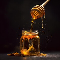 the jar is filled with honey, beautiful golden honey, studio light, a spoon for honey, Generative AI