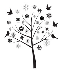 vector illustration of abstract tree with birds and snowflakes