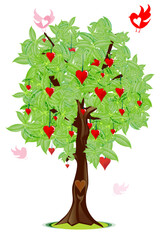 illustration of love bird flying around tree with heart