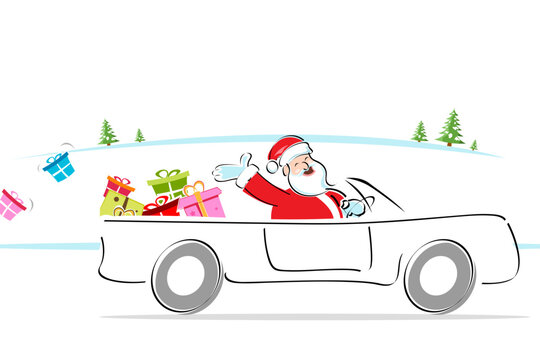 illustration of santa distributing gifts riding in car