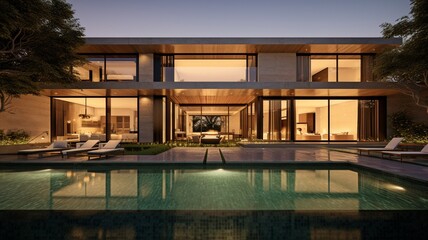 Elegant Home with a Beautiful Pool: Sleek Lines and Elegant Textures. GENERATE AI