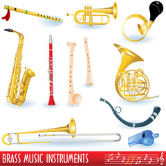 A color collection of brass (wind) musical instruments.