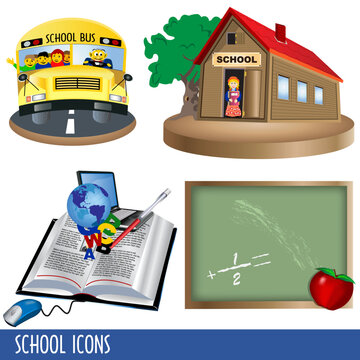 Clip-art collection of four color school icons.