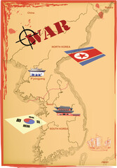 Map of North and South Korea. Confrontation and war. Vector.
