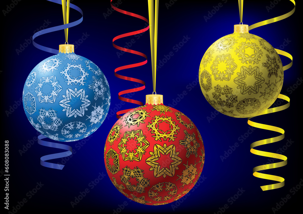 Poster Three multicolored christmas-balls with snowflakes texture and metallic serpentine on abstract dark background. Greeting card. Vector illustration. Gradient mesh in background only include.