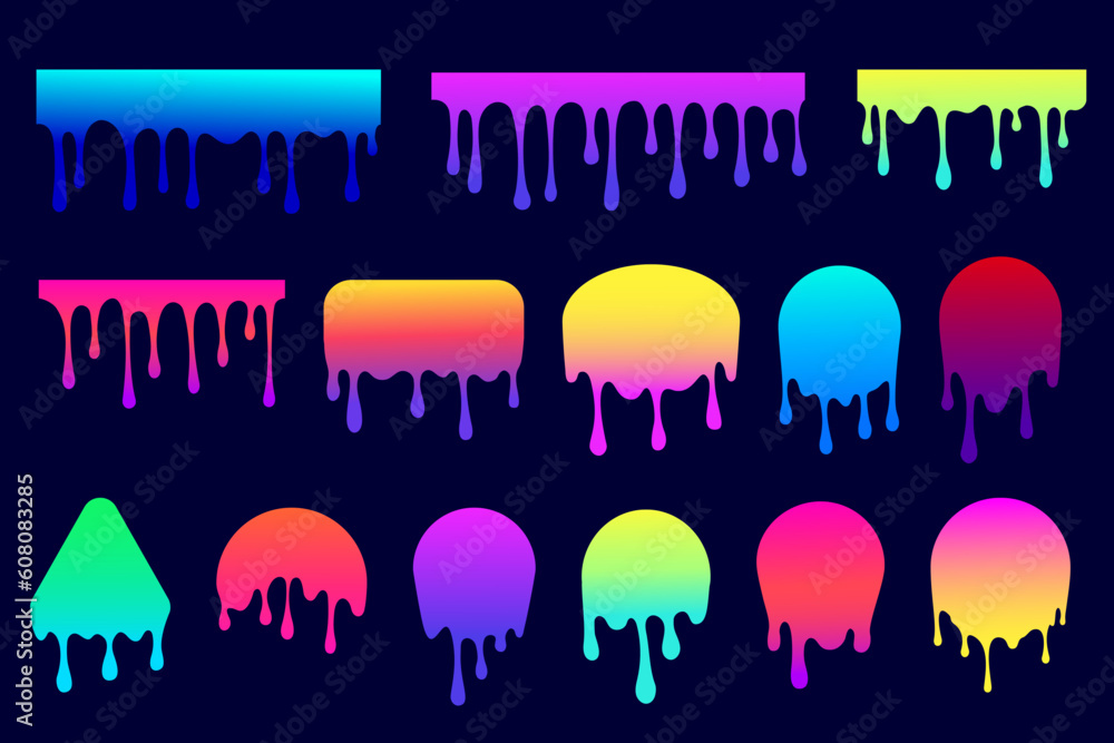 Poster melted drips shapes. drop flow of neon gradient liquid. sauce chocolate ink splashes. bright vector 