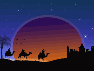 Three wise-men traveling to Bethlehem, following the star - vector illustration