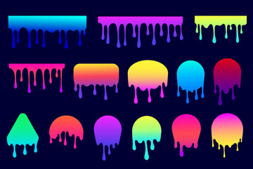 Melted drips shapes. Drop flow of neon gradient liquid. Sauce chocolate ink splashes. Bright vector illustration