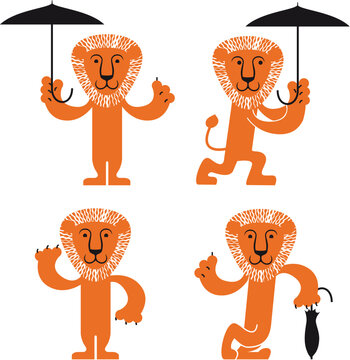Cartoon lion with umbrella, icons set, gentleman, rainy weather