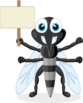 vector illustration of a cute mosquito with wood sign. No gradient.