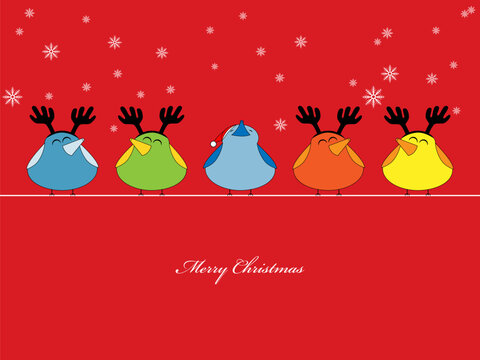Vector picture of birds singing christmas songs on red background