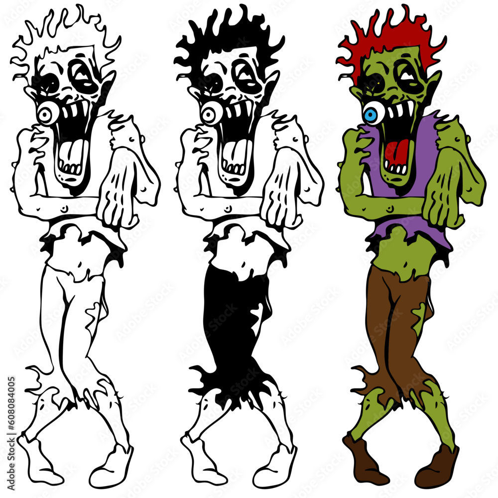 Poster an image of a set of zombie creatures in color plus black and white.