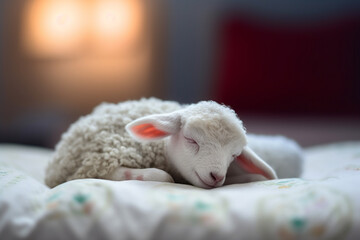 baby sheep sleeping in bed