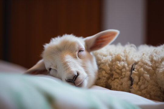 baby sheep sleeping in bed