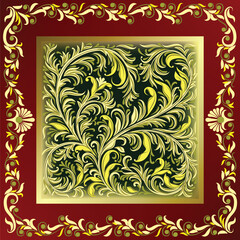 abstract red background with golden floral ornament on black