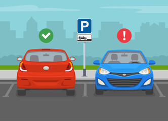 Outdoor parking tips and rules. Back and front view of a correct and incorrect parked car in the 